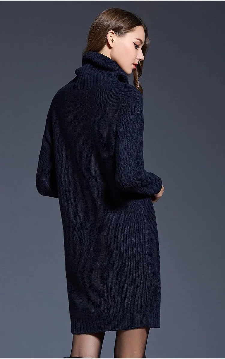 Women's Turtleneck Long Sleeve Midi Sweater Dress Chunky Knit Mock Turtleneck Slim Bodycon Pullover Sweater Dress