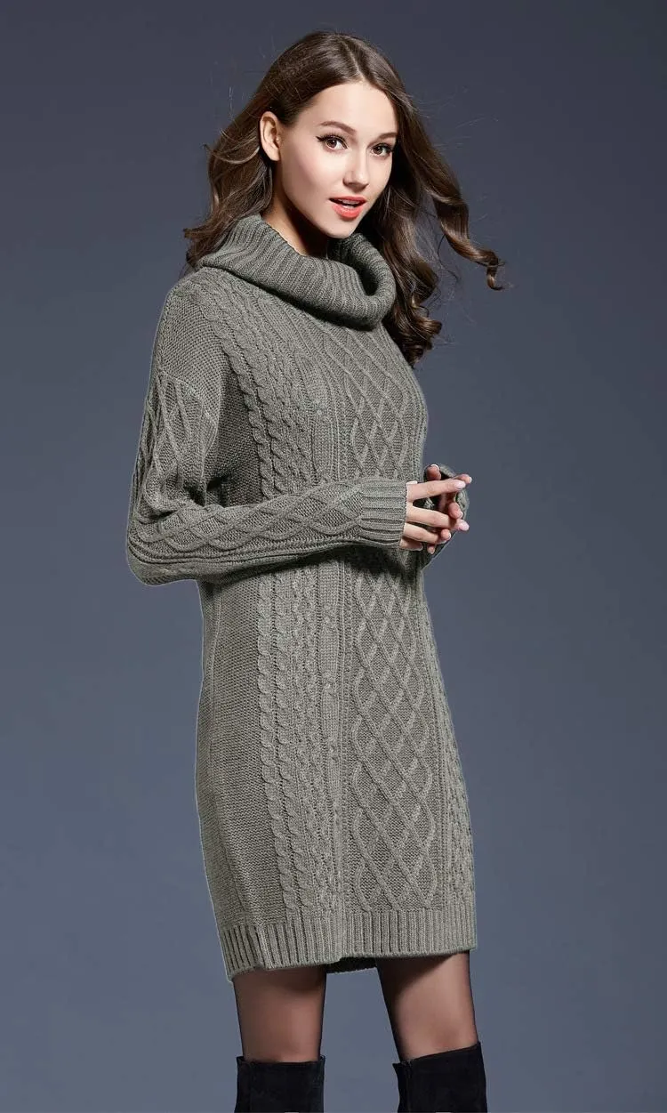 Women's Turtleneck Long Sleeve Midi Sweater Dress Chunky Knit Mock Turtleneck Slim Bodycon Pullover Sweater Dress