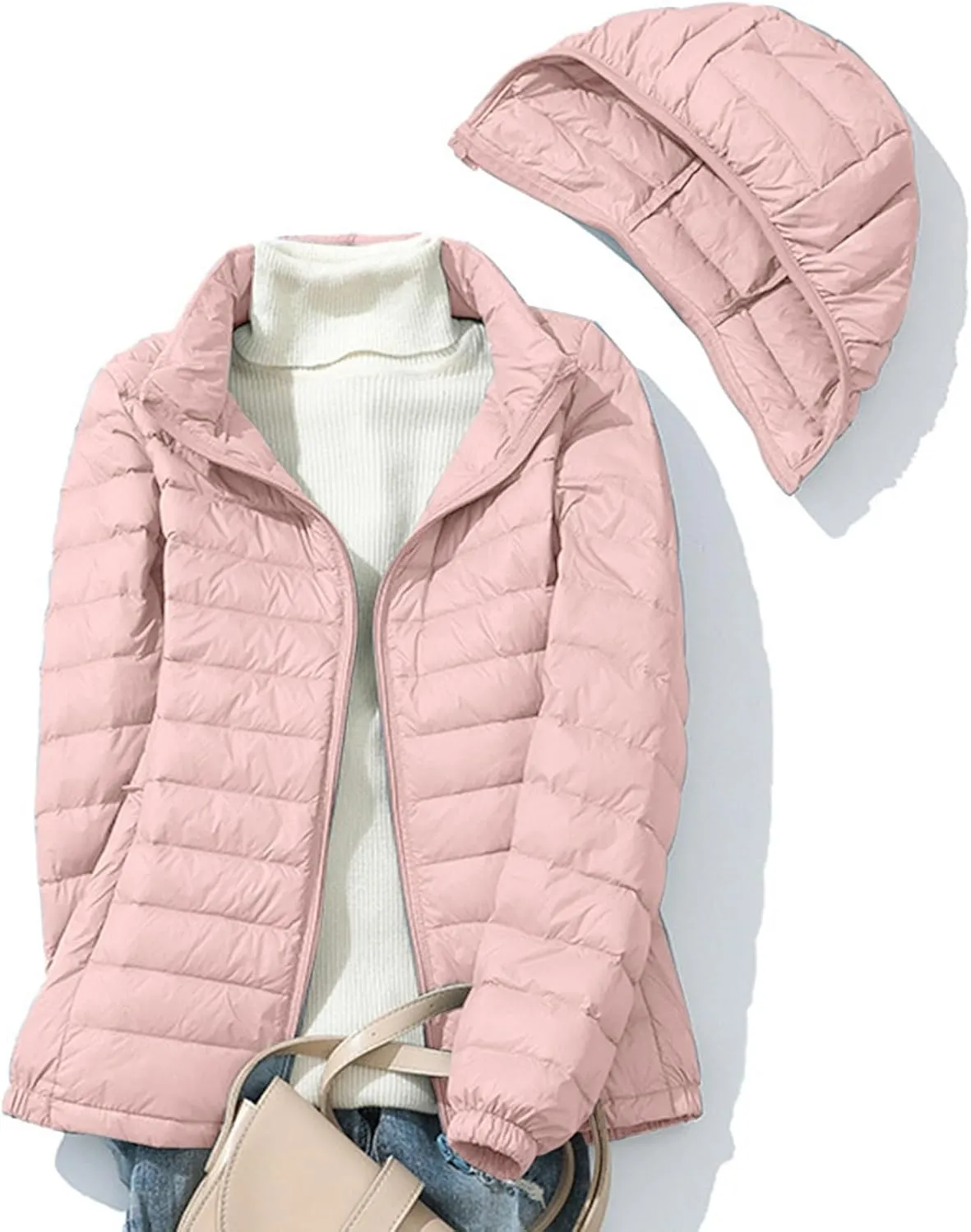Women's Warm Winter Coats Insulated Lightweight Cropped Puffer Coats Packable Solid Hooded Zipper Down Jackets