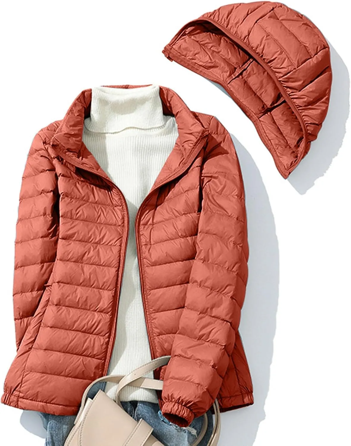 Women's Warm Winter Coats Insulated Lightweight Cropped Puffer Coats Packable Solid Hooded Zipper Down Jackets