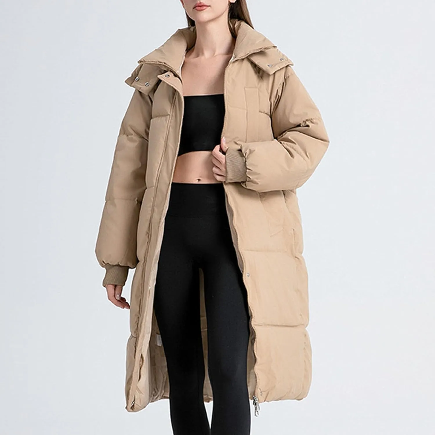 Women's Winter Long Puffer Jackets Hooded Zip Up Casual Thicken Down Jackets Trendy Warm Padded Coat Outerwear
