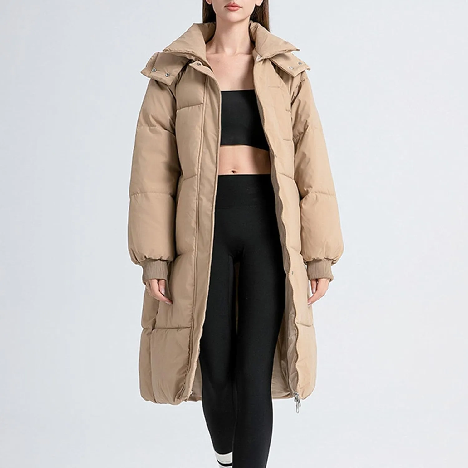 Women's Winter Long Puffer Jackets Hooded Zip Up Casual Thicken Down Jackets Trendy Warm Padded Coat Outerwear