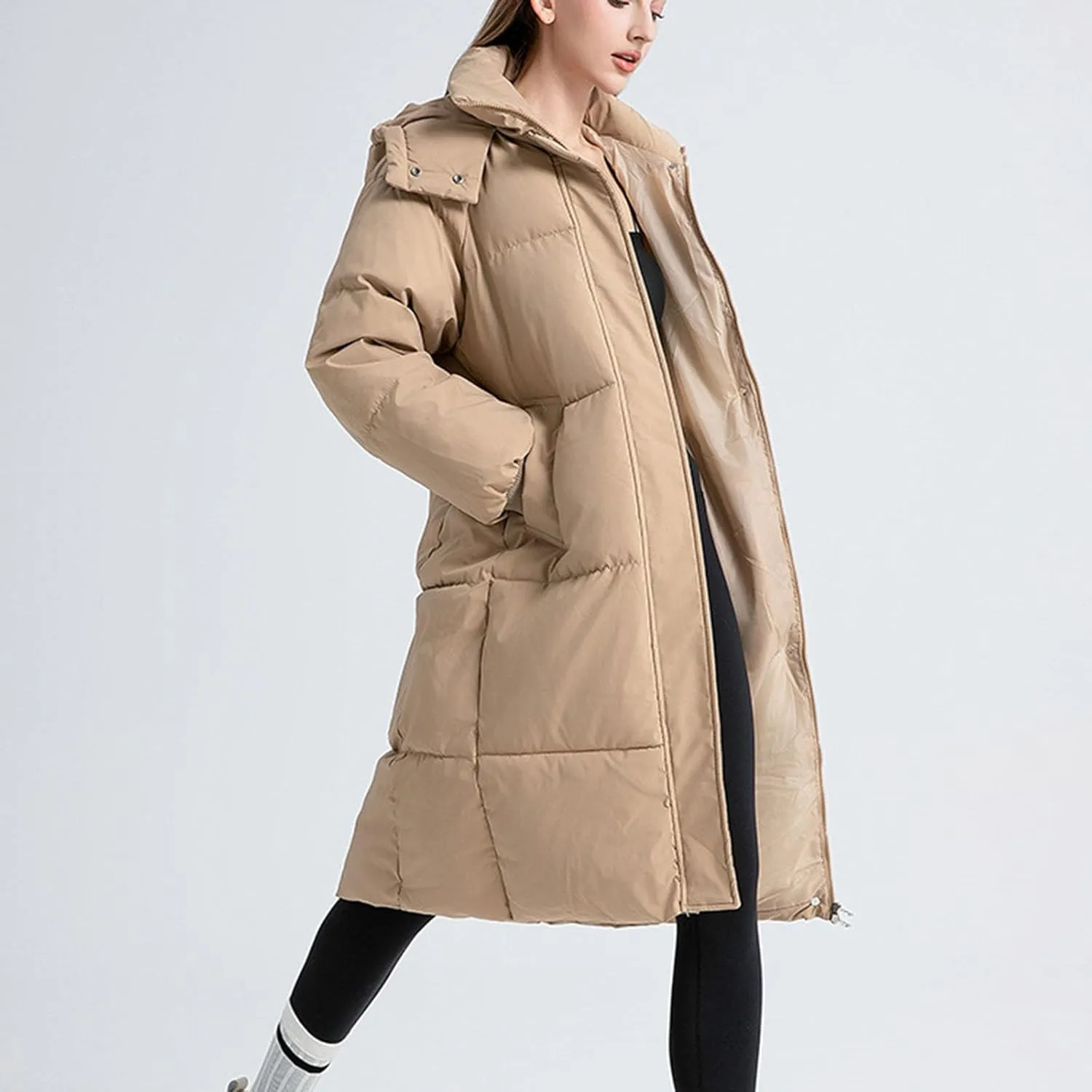 Women's Winter Long Puffer Jackets Hooded Zip Up Casual Thicken Down Jackets Trendy Warm Padded Coat Outerwear
