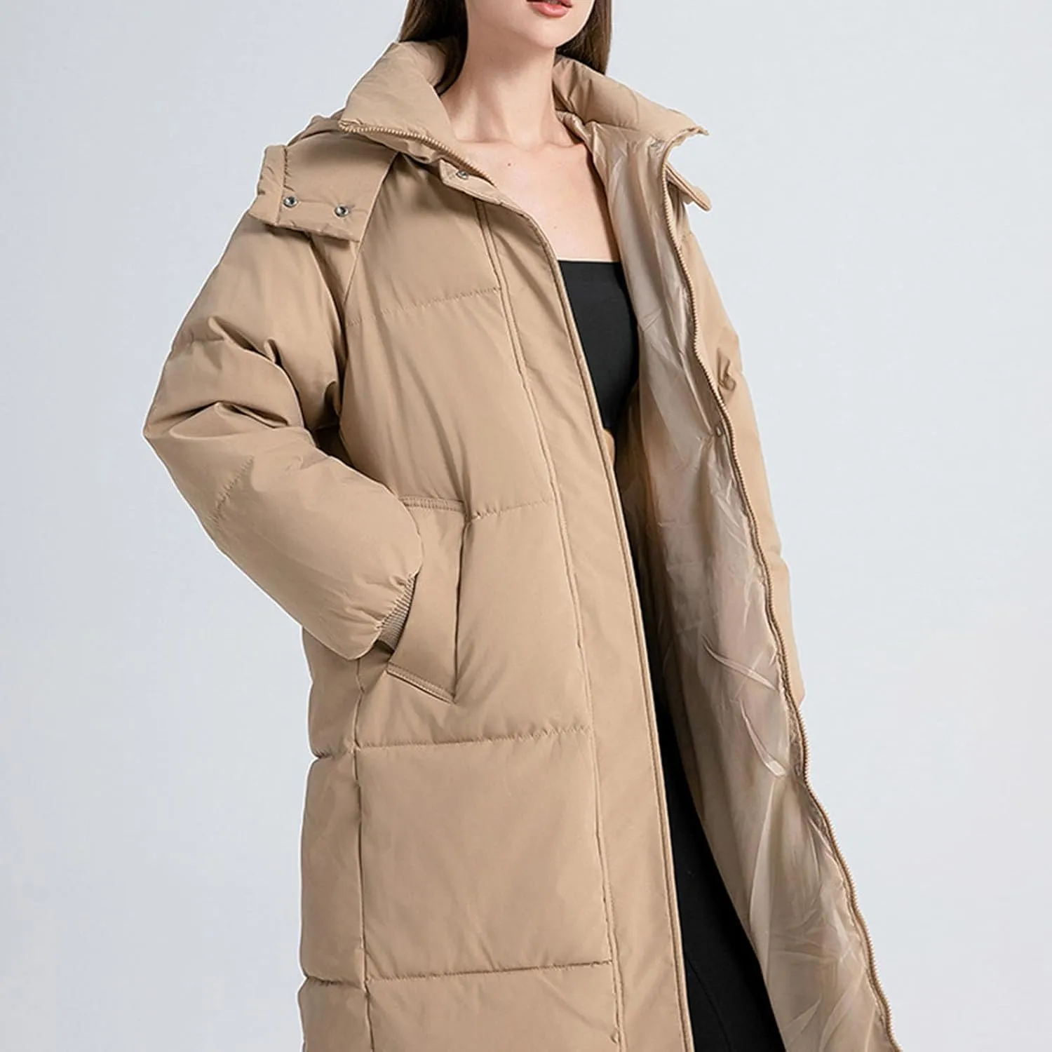 Women's Winter Long Puffer Jackets Hooded Zip Up Casual Thicken Down Jackets Trendy Warm Padded Coat Outerwear