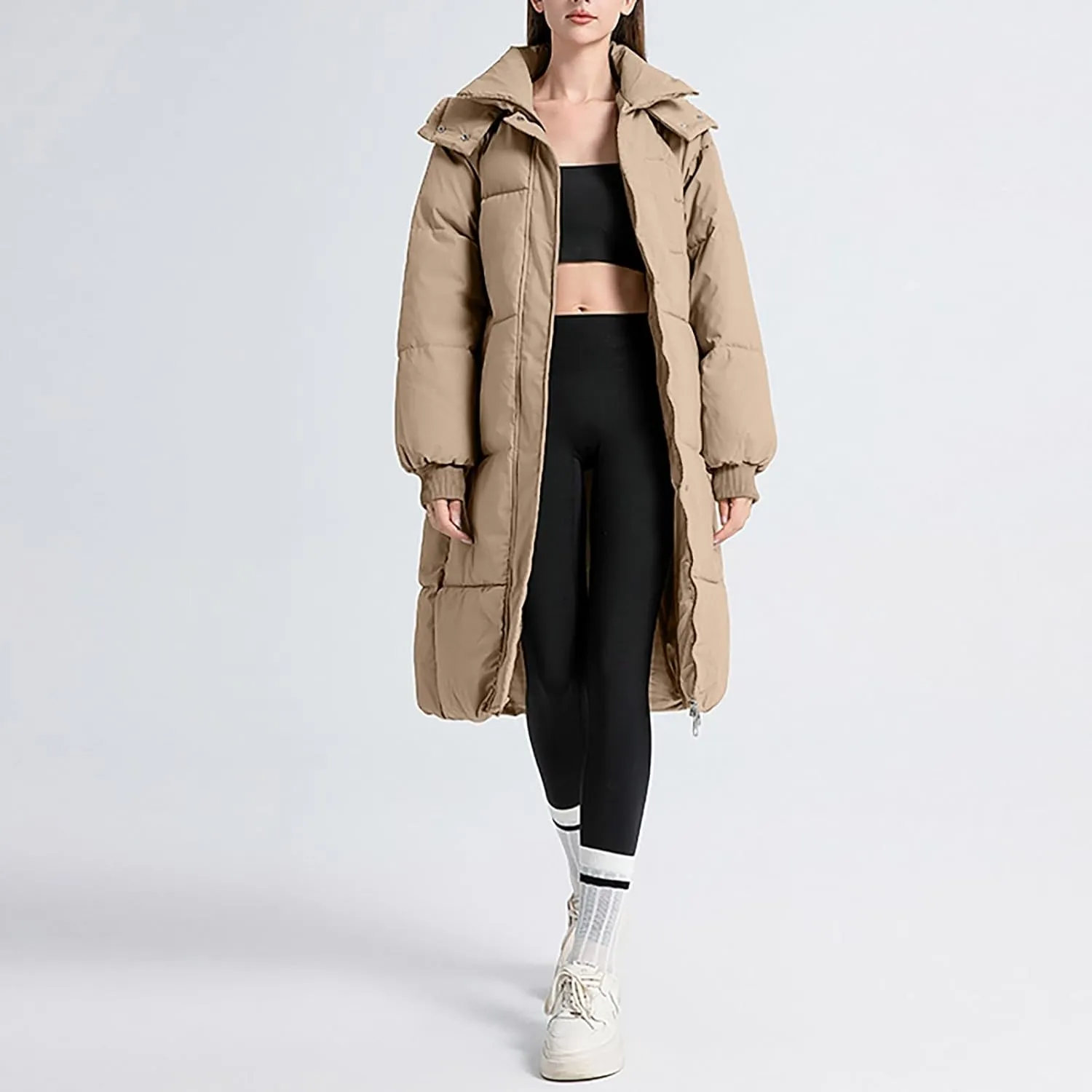 Women's Winter Long Puffer Jackets Hooded Zip Up Casual Thicken Down Jackets Trendy Warm Padded Coat Outerwear