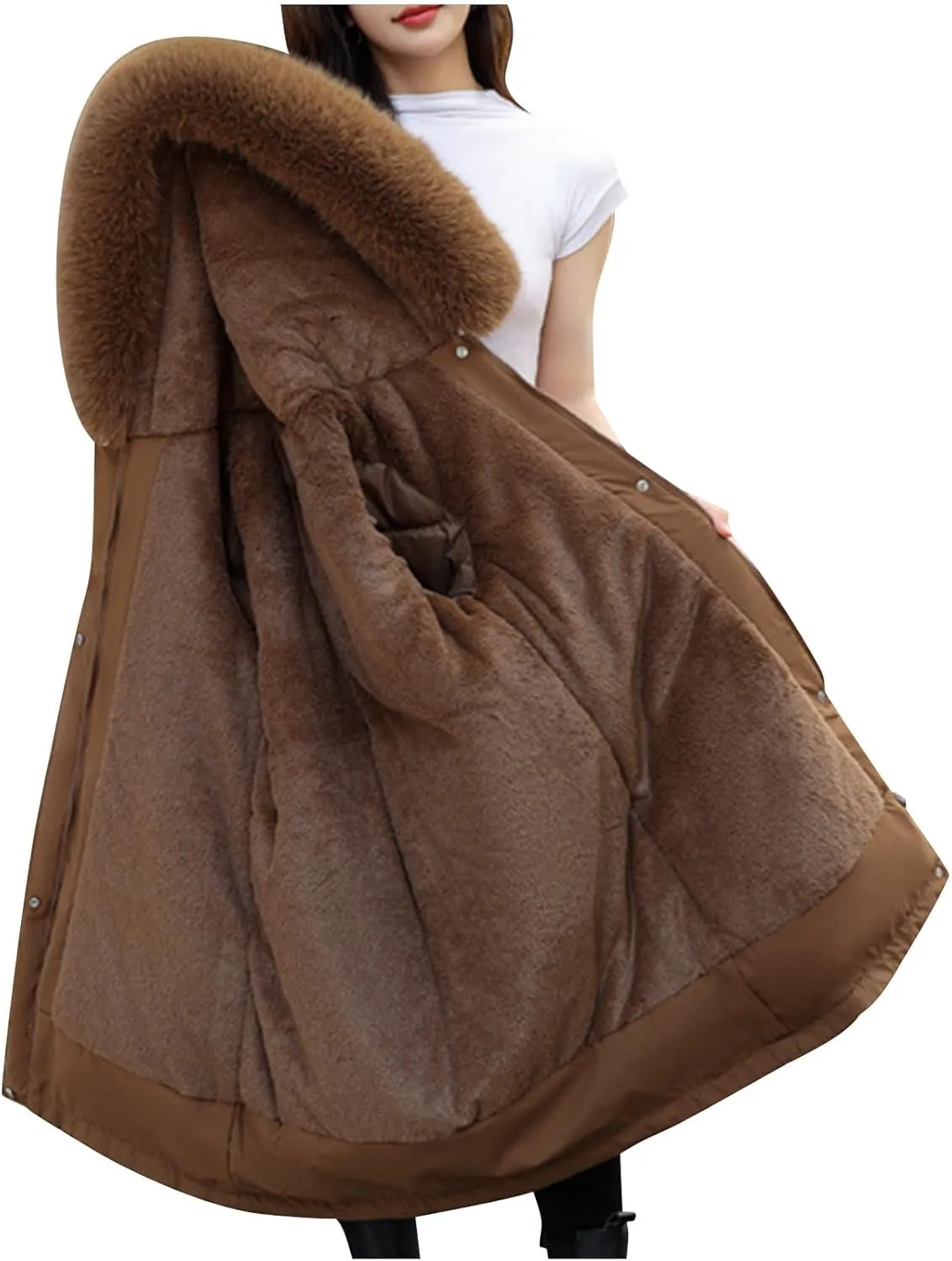 Women's Winter Quilted Coat Thick Warm Puffer Jacket Padded Down Coats With Fur Hood Knee Length Windproof Outerwear