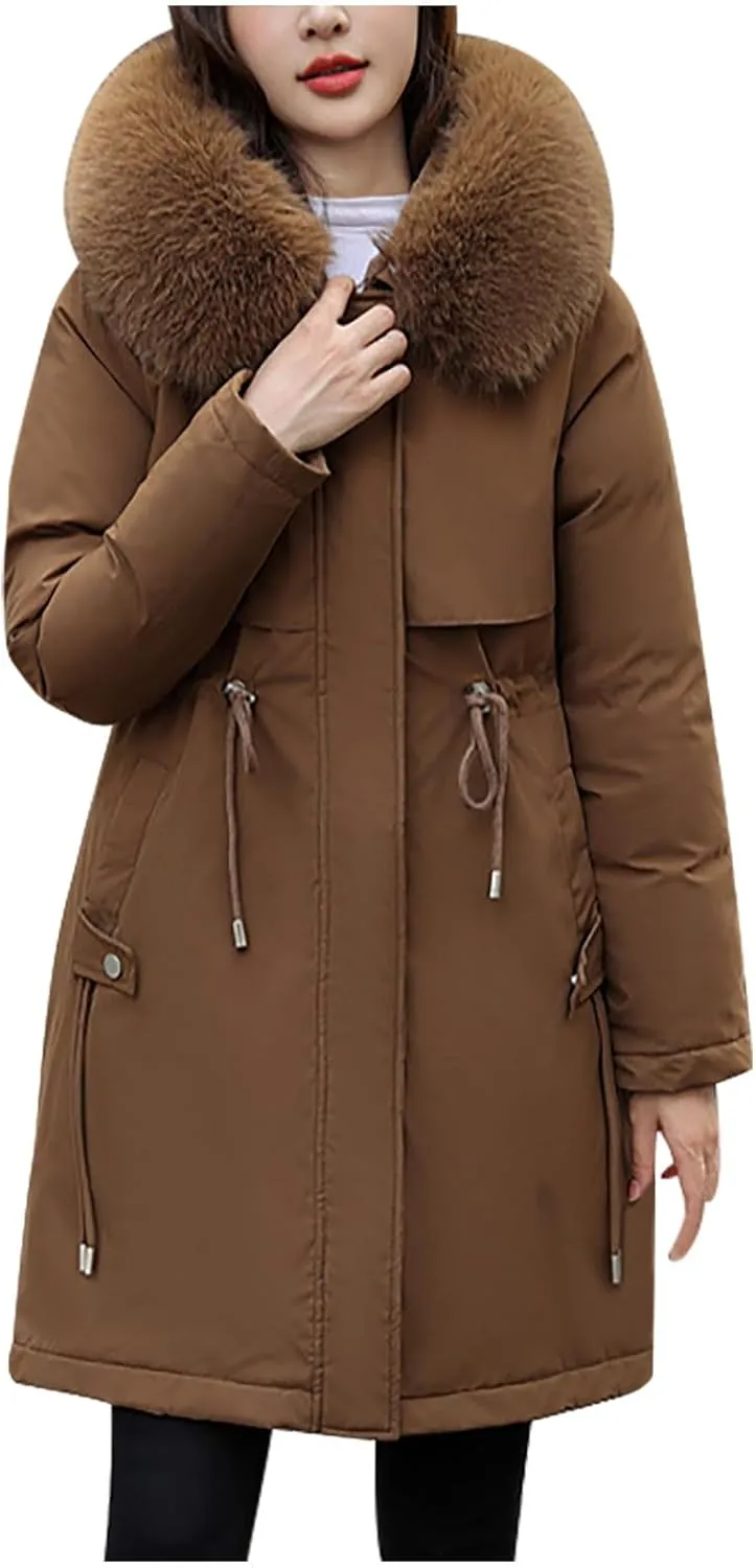 Women's Winter Quilted Coat Thick Warm Puffer Jacket Padded Down Coats With Fur Hood Knee Length Windproof Outerwear