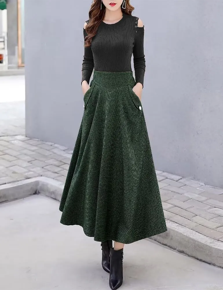 Ylingjun Warm Long Wool Skirt for Womens Winter Fall Elastic High Waisted A Line Flared Pleated Wool Skirts