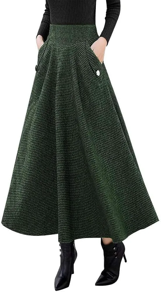 Ylingjun Warm Long Wool Skirt for Womens Winter Fall Elastic High Waisted A Line Flared Pleated Wool Skirts