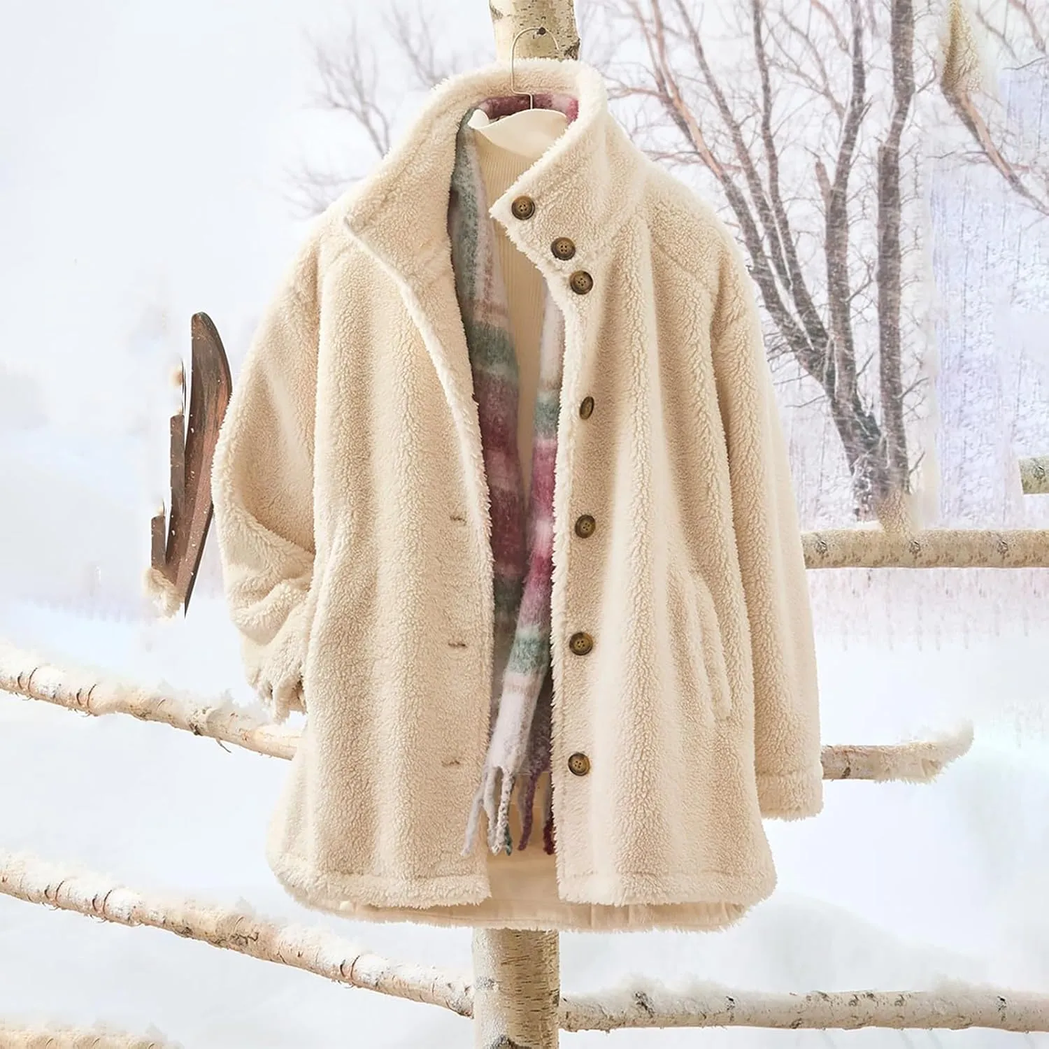 ZYXTIM Womens Winter Warm Coats Fluffy Fuzzy Stand Collar Button Down Long Fur Jackets Oversize Warm Cozy Casual Loungewear